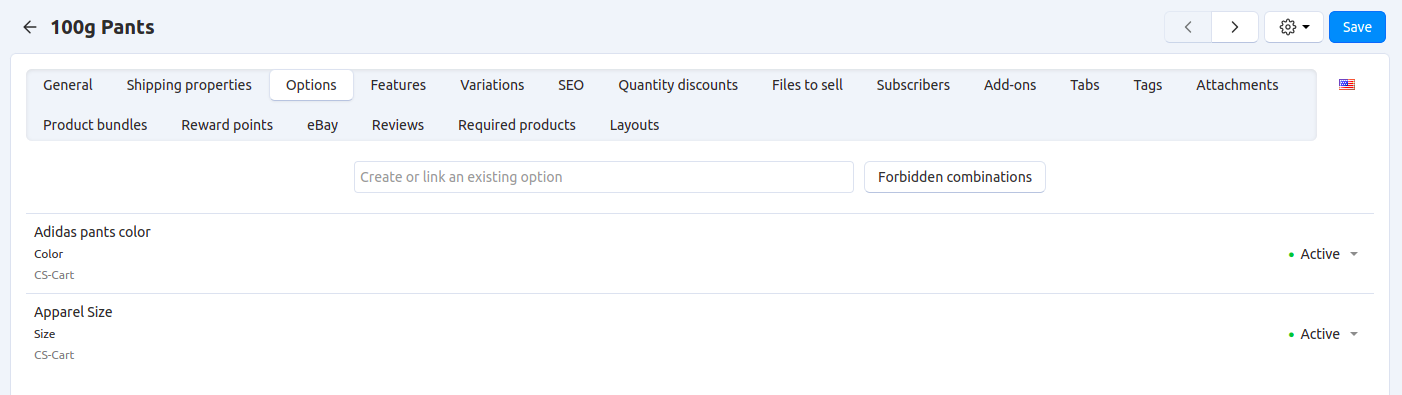 The "Options" tab of the product editing page.