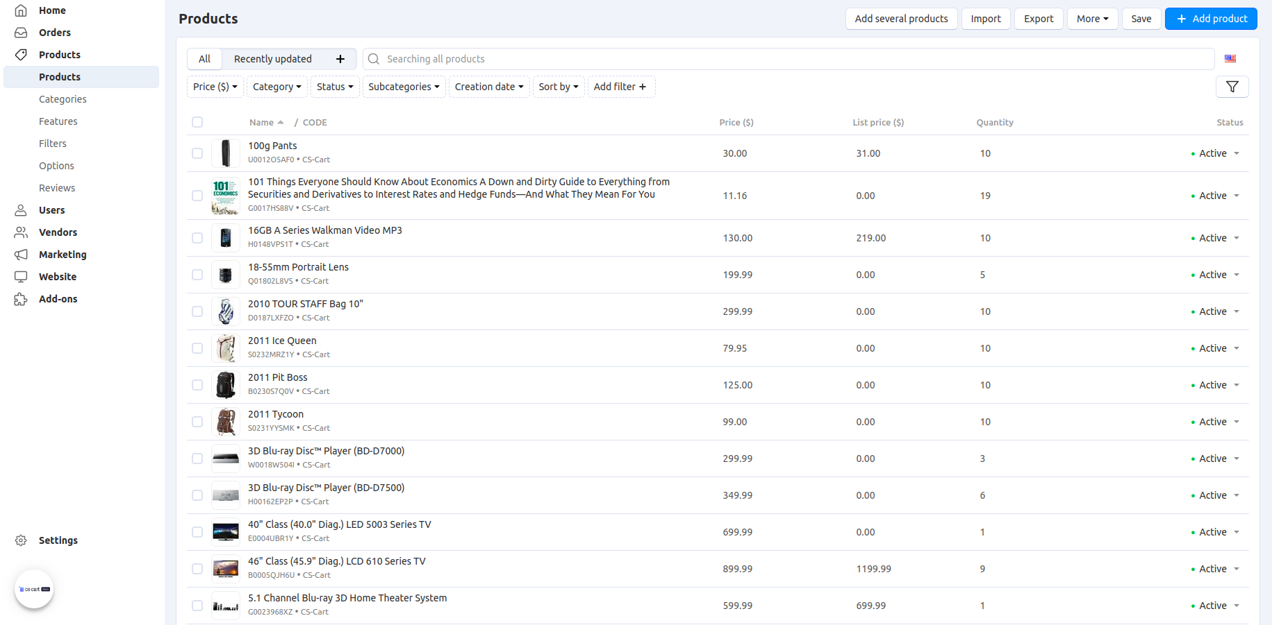 The product list in CS-Cart admin panel.